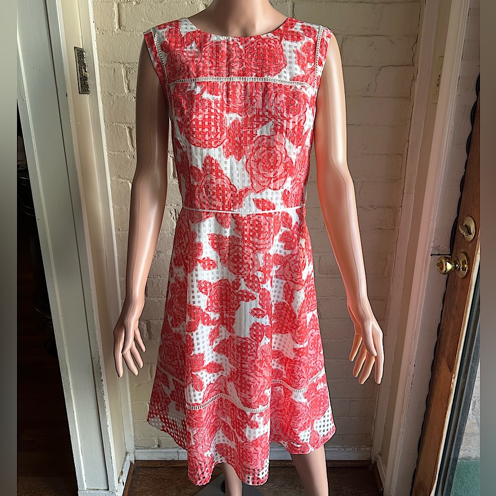 Adrianna Papell White Dress with Red Floral Lace Overlay